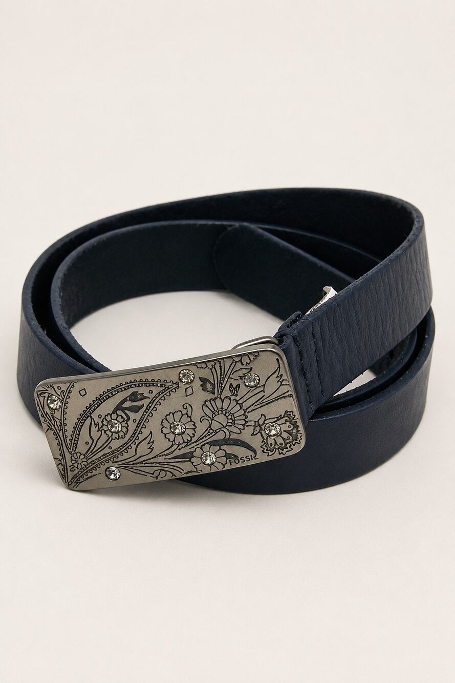 Fossil Black Genuine Leather Floral Engraved Rhinestone Buckle Belt | Medium